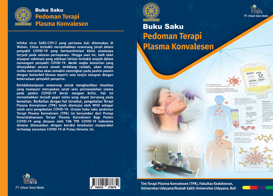 Cover Buku Saku Terapi Plasma Konvalesen Oleh Tim Terapi Plasma Konvalesen (TPK), Fakultas Kedokteran, Universitas Udayana/Rumah Sakit Universitas Udayana, Bali
